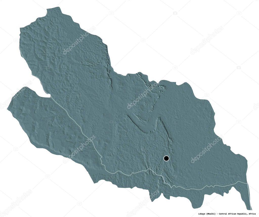 Shape of Lobaye, prefecture of Central African Republic, with its capital isolated on white background. Colored elevation map. 3D rendering