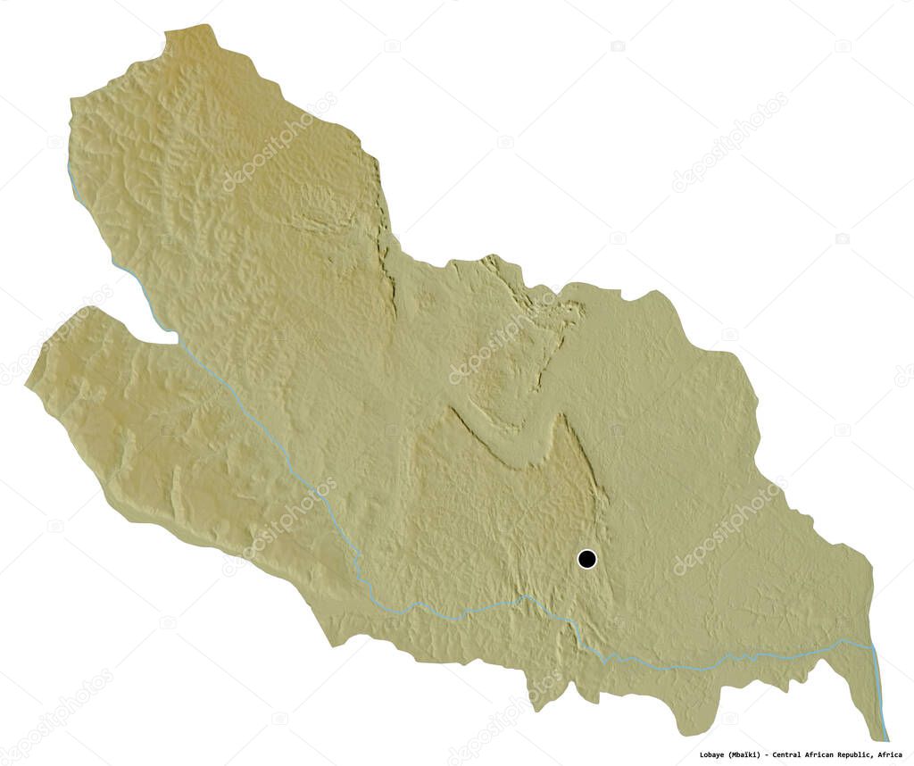 Shape of Lobaye, prefecture of Central African Republic, with its capital isolated on white background. Topographic relief map. 3D rendering
