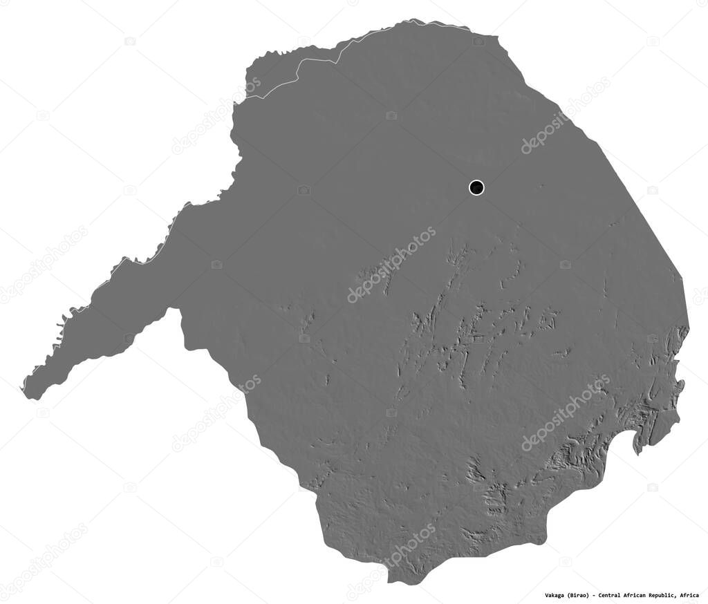 Shape of Vakaga, prefecture of Central African Republic, with its capital isolated on white background. Bilevel elevation map. 3D rendering