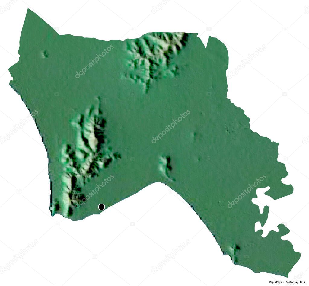 Shape of Kep, province of Cambodia, with its capital isolated on white background. Topographic relief map. 3D rendering