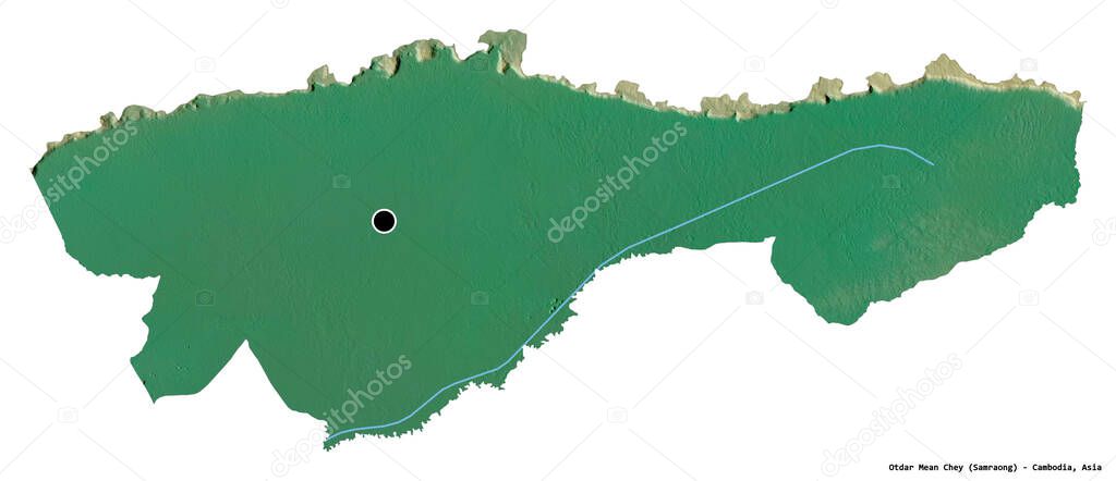 Shape of Otdar Mean Chey, province of Cambodia, with its capital isolated on white background. Topographic relief map. 3D rendering
