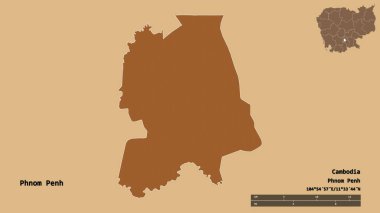 Kamboçya Belediyesi Phnom Penh 'in şekli, başkenti sağlam arka planda izole edilmiştir. Uzaklık ölçeği, bölge önizlemesi ve etiketleri. Desenli dokuların bileşimi. 3B görüntüleme