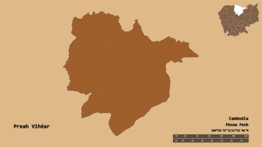 Preah Vihear 'ın şekli, Kamboçya ili, başkenti sağlam arka planda izole edilmiş. Uzaklık ölçeği, bölge önizlemesi ve etiketleri. Desenli dokuların bileşimi. 3B görüntüleme