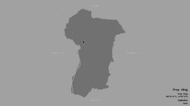 Kamboçya 'nın Prey Veng bölgesi, katı bir arka planda izole edilmiş bir sınır kutusunda. Etiketler. Çift seviyeli yükseklik haritası. 3B görüntüleme