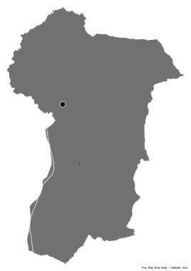 Beyaz arka planda başkenti izole edilmiş olan Prey Veng, Kamboçya vilayeti. Çift seviyeli yükseklik haritası. 3B görüntüleme