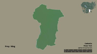 Kamboçya 'nın başkenti Avcı Veng' in sağlam bir arka planda izole edilmiş hali. Uzaklık ölçeği, bölge önizlemesi ve etiketleri. Topografik yardım haritası. 3B görüntüleme