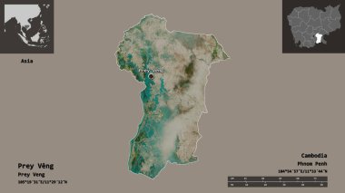 Prey Veng 'in şekli, Kamboçya vilayeti ve başkenti. Uzaklık ölçeği, ön gösterimler ve etiketler. Uydu görüntüleri. 3B görüntüleme
