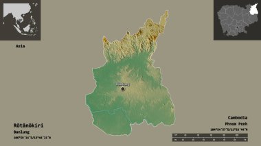 Rotanokiri 'nin şekli, Kamboçya vilayeti ve başkenti. Uzaklık ölçeği, ön gösterimler ve etiketler. Topografik yardım haritası. 3B görüntüleme