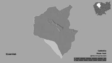 Kamboçya 'nın Siemreab eyaleti, başkenti sağlam bir zemin üzerinde izole edilmiştir. Uzaklık ölçeği, bölge önizlemesi ve etiketleri. Çift seviyeli yükseklik haritası. 3B görüntüleme