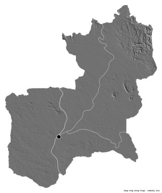 Kamboçya 'nın başkenti Stng Treng' in beyaz arka planda izole edilmiş hali. Çift seviyeli yükseklik haritası. 3B görüntüleme