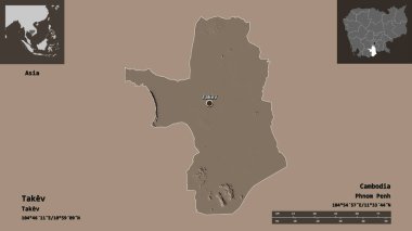 Takev 'in şekli, Kamboçya vilayeti ve başkenti. Uzaklık ölçeği, ön gösterimler ve etiketler. Renkli yükseklik haritası. 3B görüntüleme
