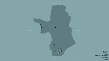 Takev bölgesi, Kamboçya vilayeti, jeoreferatlı bir sınır kutusunda sağlam bir arka planda izole edilmiş. Etiketler. Renkli yükseklik haritası. 3B görüntüleme