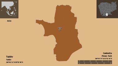 Takev 'in şekli, Kamboçya vilayeti ve başkenti. Uzaklık ölçeği, ön gösterimler ve etiketler. Desenli dokuların bileşimi. 3B görüntüleme