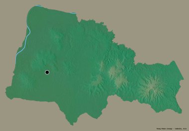 Kamboçya 'nın başkenti Tbong Khmum' un katı renk arkaplanı ile izole edilmiş hali. Topografik yardım haritası. 3B görüntüleme
