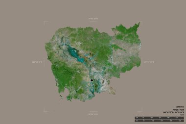 Kamboçya bölgesi katı bir arka planda izole edilmiş bir sınır kutusunda. Ana bölgesel bölüm, mesafe ölçeği, etiketler. Uydu görüntüleri. 3B görüntüleme