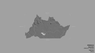 Adamaoua bölgesi, Kamerun bölgesi, jeoreferatlı bir sınır kutusunda sağlam bir arka planda izole edilmiş. Etiketler. Çift seviyeli yükseklik haritası. 3B görüntüleme