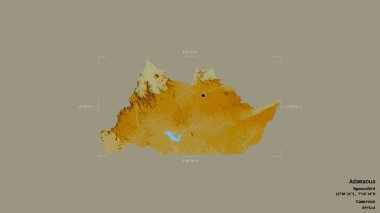 Adamaoua bölgesi, Kamerun bölgesi, jeoreferatlı bir sınır kutusunda sağlam bir arka planda izole edilmiş. Etiketler. Topografik yardım haritası. 3B görüntüleme