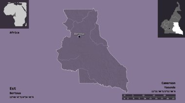Doğu 'nun şekli, Kamerun bölgesi ve başkenti. Uzaklık ölçeği, ön gösterimler ve etiketler. Renkli yükseklik haritası. 3B görüntüleme