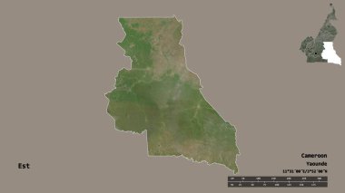 Kamerun Bölgesi, Est 'in şekli, sermayesi sağlam bir zemin üzerinde izole edilmiş. Uzaklık ölçeği, bölge önizlemesi ve etiketleri. Uydu görüntüleri. 3B görüntüleme