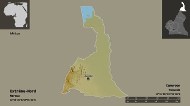 Extreme-Nord 'un şekli, Kamerun bölgesi ve başkenti. Uzaklık ölçeği, ön gösterimler ve etiketler. Topografik yardım haritası. 3B görüntüleme