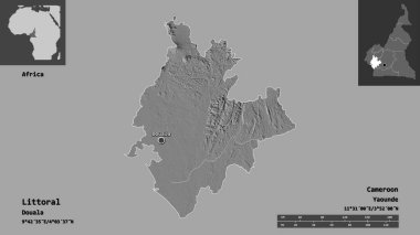 Littoral 'ın şekli, Kamerun bölgesi ve başkenti. Uzaklık ölçeği, ön gösterimler ve etiketler. Çift seviyeli yükseklik haritası. 3B görüntüleme