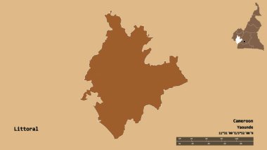 Littoral 'ın şekli, Kamerun bölgesi, başkenti sağlam bir zemin üzerinde izole edilmiş. Uzaklık ölçeği, bölge önizlemesi ve etiketleri. Desenli dokuların bileşimi. 3B görüntüleme