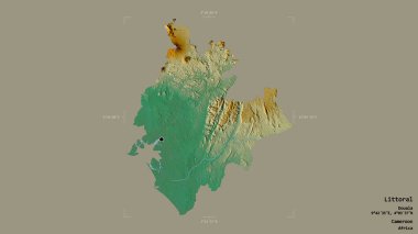 Littoral bölgesi, Kamerun bölgesi, jeoreferatlı bir sınır kutusunda sağlam bir arka planda izole edilmiş. Etiketler. Topografik yardım haritası. 3B görüntüleme