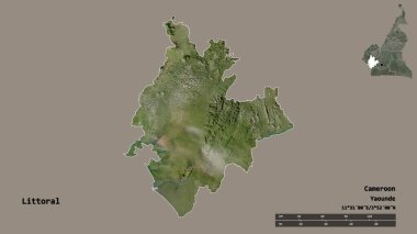 Littoral 'ın şekli, Kamerun bölgesi, başkenti sağlam bir zemin üzerinde izole edilmiş. Uzaklık ölçeği, bölge önizlemesi ve etiketleri. Uydu görüntüleri. 3B görüntüleme
