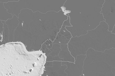 Ülke sınırları, uluslararası ve bölgesel sınırları olan Kamerun 'un genişletilmiş bölgesi. Çift seviyeli yükseklik haritası. 3B görüntüleme