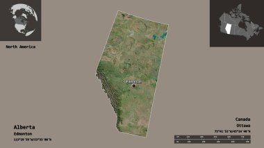 Alberta 'nın şekli, Kanada eyaleti ve başkenti. Uzaklık ölçeği, ön gösterimler ve etiketler. Uydu görüntüleri. 3B görüntüleme