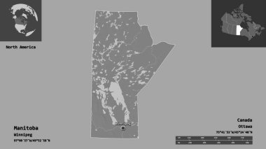 Manitoba 'nın şekli, Kanada eyaleti ve başkenti. Uzaklık ölçeği, ön gösterimler ve etiketler. Çift seviyeli yükseklik haritası. 3B görüntüleme