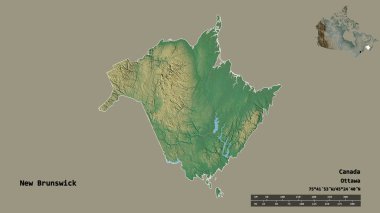Kanada 'nın New Brunswick eyaleti, başkenti sağlam bir zemin üzerinde izole edilmiştir. Uzaklık ölçeği, bölge önizlemesi ve etiketleri. Topografik yardım haritası. 3B görüntüleme