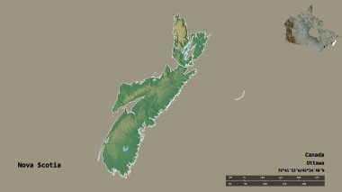 Kanada 'nın Nova Scotia eyaleti, başkenti sağlam bir zemin üzerinde izole edilmiştir. Uzaklık ölçeği, bölge önizlemesi ve etiketleri. Topografik yardım haritası. 3B görüntüleme