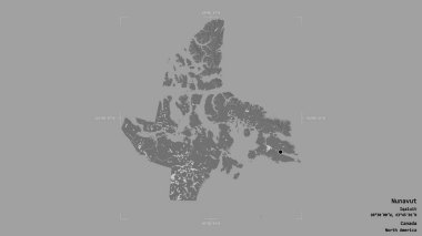 Nunavut bölgesi, Kanada bölgesi, katı bir arka planda izole edilmiş bir sınır kutusu. Etiketler. Çift seviyeli yükseklik haritası. 3B görüntüleme