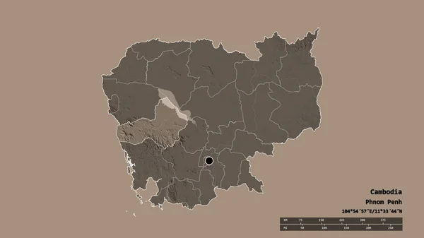 主要な地域部門と分離プティカット地域とカンボジアの荒廃した形 ラベル 色の標高マップ 3Dレンダリング — ストック写真