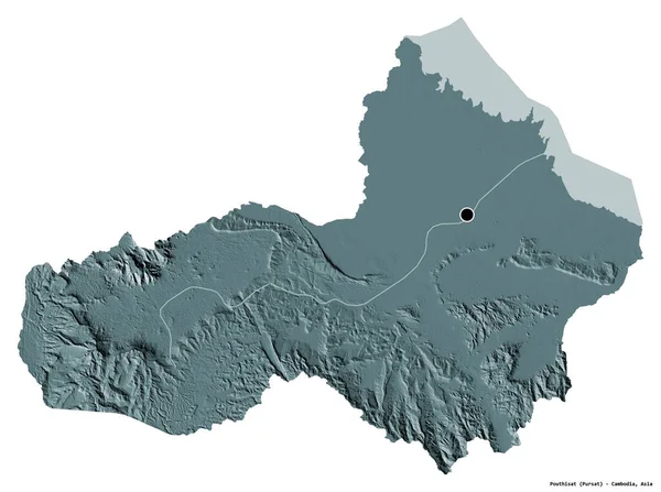 柬埔寨省Pouthis At的形状 其首都被白色背景隔离 彩色高程图 3D渲染 — 图库照片