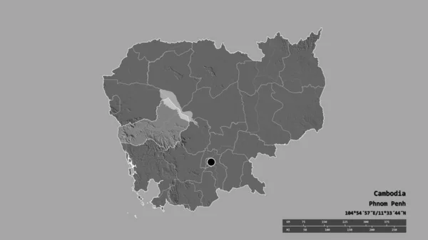 主要な地域部門と分離プティカット地域とカンボジアの荒廃した形 ラベル 標高マップ 3Dレンダリング — ストック写真