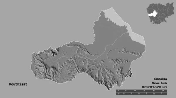 柬埔寨省Pouthis At的形状 其首都在坚实的背景下与世隔绝 距离尺度 区域预览和标签 Bilevel高程图 3D渲染 — 图库照片