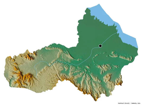 カンボジアのプティカット州の形で その首都は白い背景に孤立しています 地形図 3Dレンダリング — ストック写真