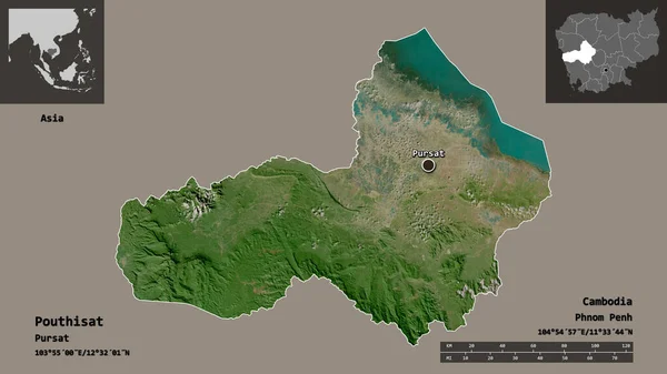 柬埔寨省Pouthis At的形状及其首都 距离刻度 预览和标签 卫星图像 3D渲染 — 图库照片