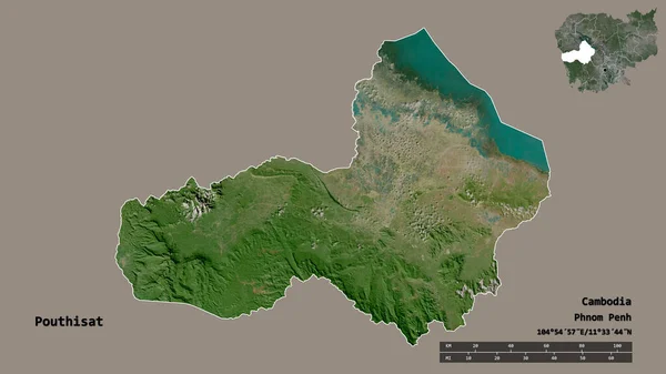 柬埔寨省Pouthis At的形状 其首都在坚实的背景下与世隔绝 距离尺度 区域预览和标签 卫星图像 3D渲染 — 图库照片