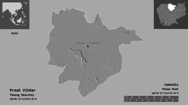 カンボジア州プレア ヴィヒアとその首都の形 距離スケール プレビューおよびラベル 標高マップ 3Dレンダリング — ストック写真