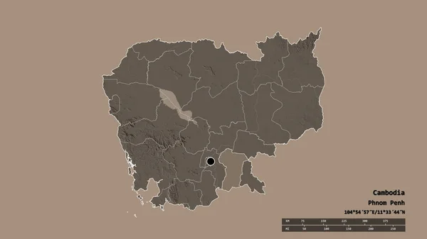 主要な地域部門と分離されたプレVengエリアとカンボジアの荒廃した形 ラベル 色の標高マップ 3Dレンダリング — ストック写真