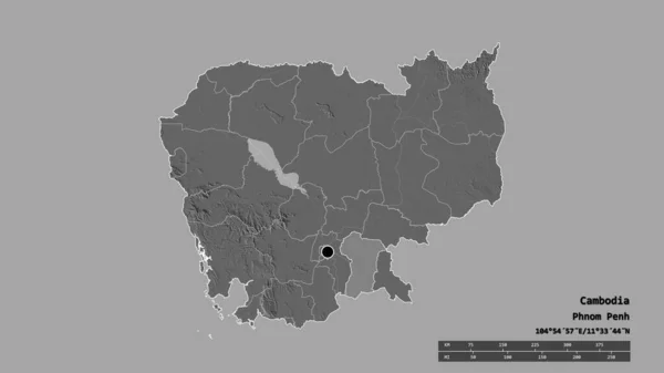 主要な地域部門と分離されたプレVengエリアとカンボジアの荒廃した形 ラベル 標高マップ 3Dレンダリング — ストック写真