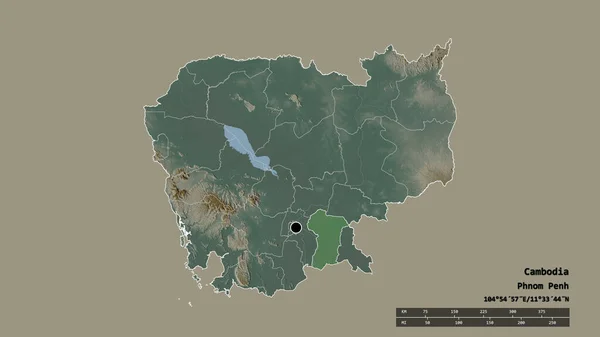 主要な地域部門と分離されたプレVengエリアとカンボジアの荒廃した形 ラベル 地形図 3Dレンダリング — ストック写真