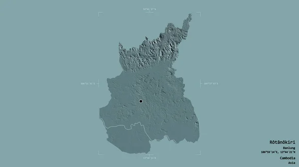 柬埔寨省罗塔诺基里地区 在一个地理参照框的坚实背景下被隔离 彩色高程图 3D渲染 — 图库照片