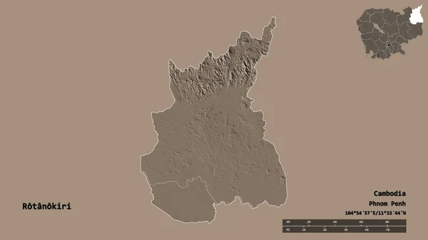 柬埔寨罗塔诺基里省的形状 其首都在坚实的背景下与世隔绝 距离尺度 区域预览和标签 彩色高程图 3D渲染 — 图库照片