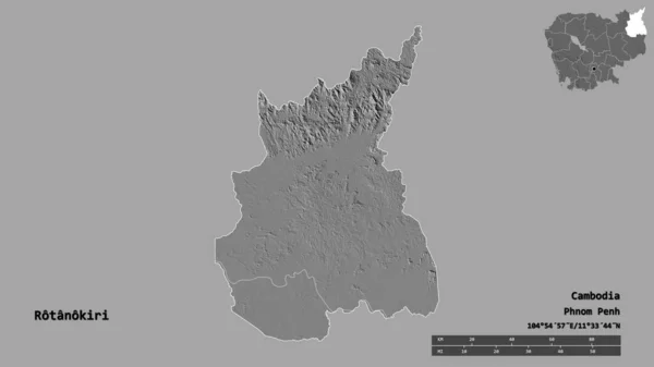 柬埔寨罗塔诺基里省的形状 其首都在坚实的背景下与世隔绝 距离尺度 区域预览和标签 Bilevel高程图 3D渲染 — 图库照片