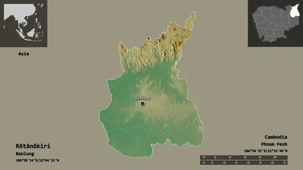 柬埔寨罗塔诺基里省的形状及其首都 距离刻度 预览和标签 地形浮雕图 3D渲染 — 图库照片