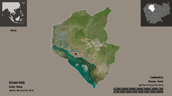 カンボジア共和国の首都シエムラブの形 距離スケール プレビューおよびラベル 衛星画像 3Dレンダリング — ストック写真